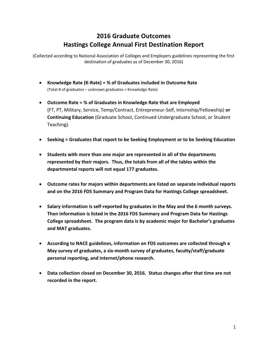 2016 Graduate Outcomes Hastings College Annual First Destination Report