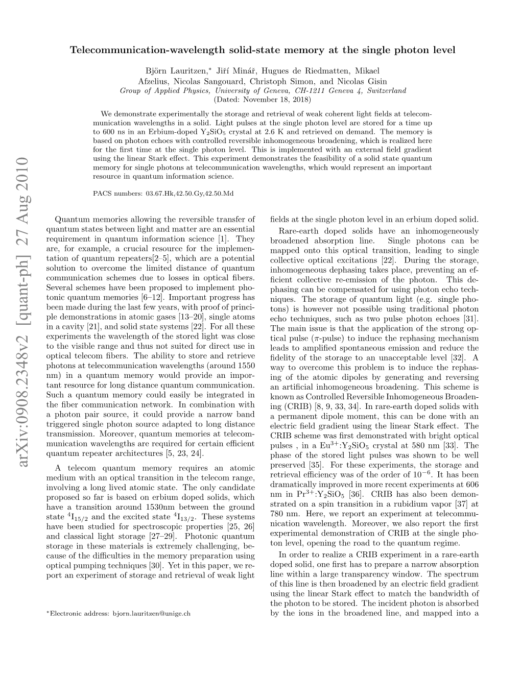 Telecommunication-Wavelength Solid-State Memory at the Single