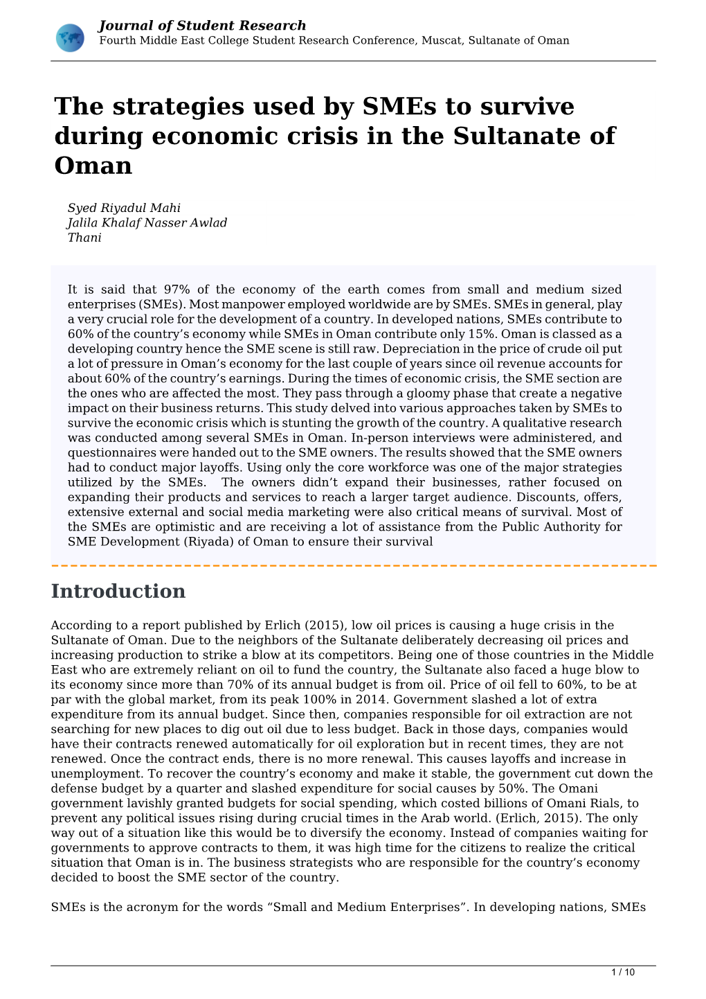 The Strategies Used by Smes to Survive During Economic Crisis in the Sultanate of Oman