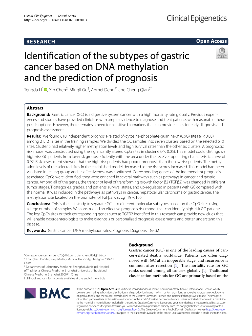 Identification of the Subtypes of Gastric Cancer Based on DNA Methylation and the Prediction of Prognosis