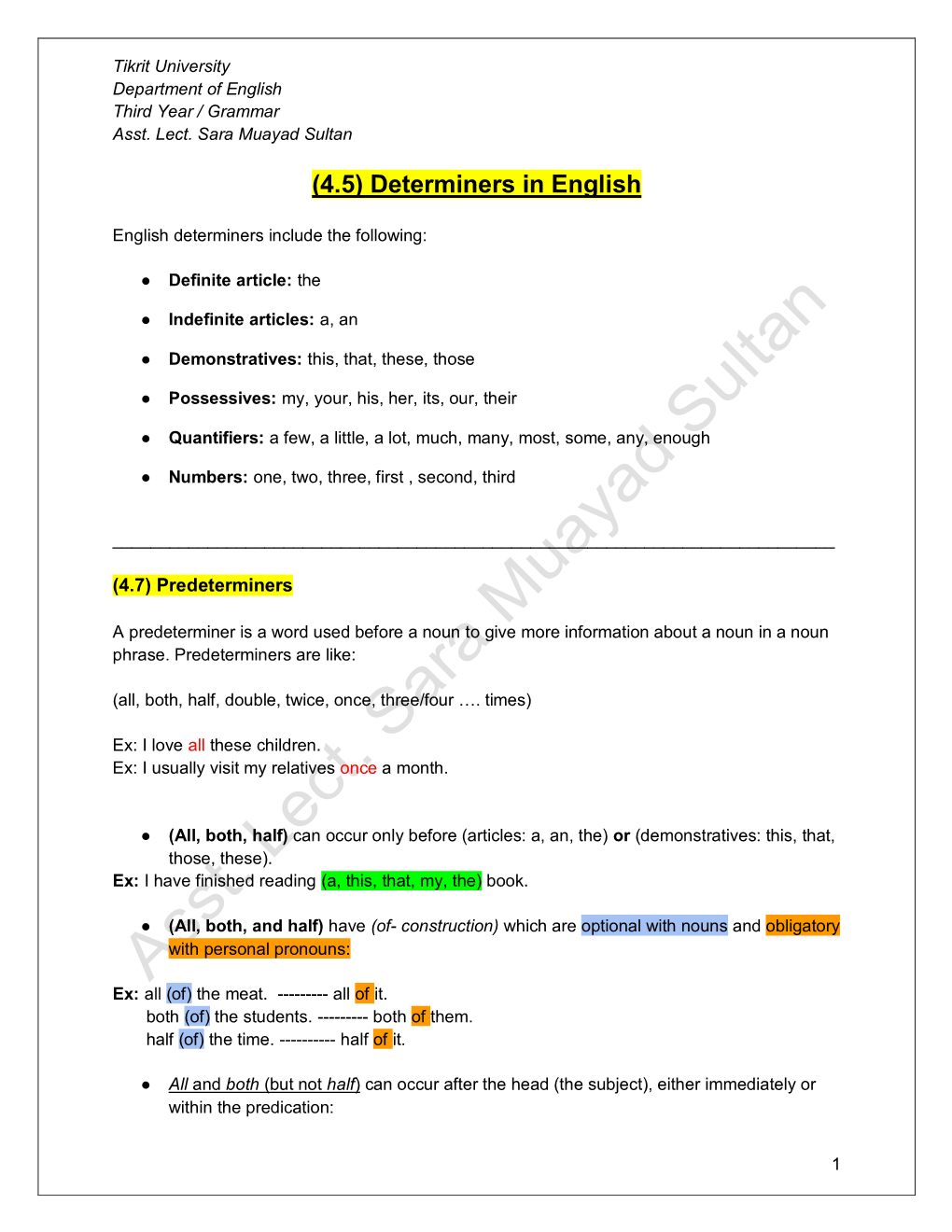 (4.5) Determiners in English