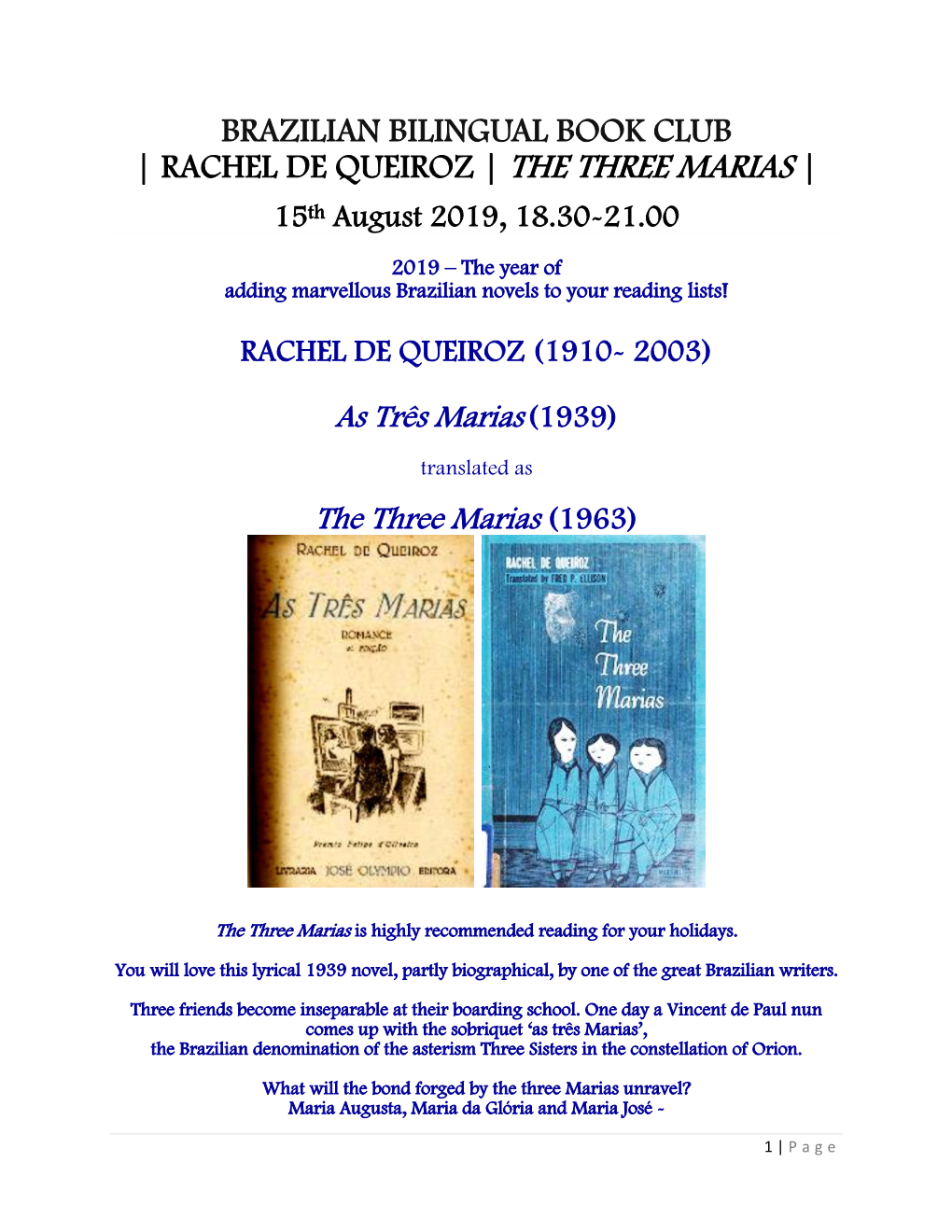 BRAZILIAN BILINGUAL BOOK CLUB | RACHEL DE QUEIROZ | the THREE MARIAS | 15Th August 2019, 18.30-21.00