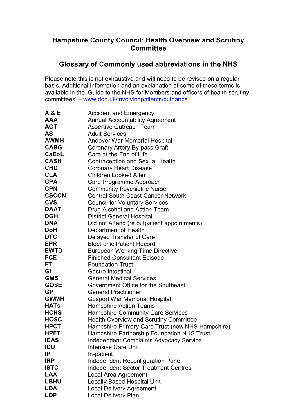 Health Overview and Scrutiny Committee Glossary of Commonly