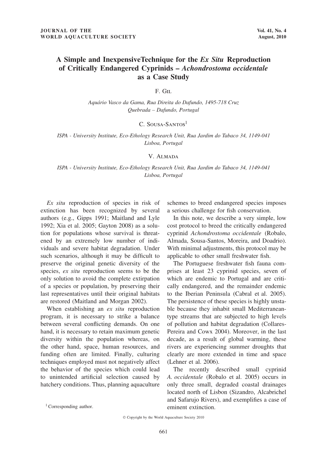 A Simple and Inexpensivetechnique for the Ex Situ Reproduction of Critically Endangered Cyprinids Achondrostoma Occidentale As A