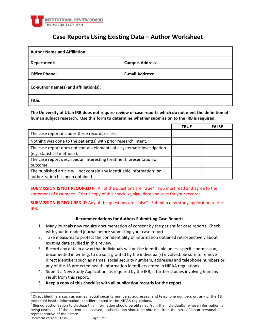 Case Reports Using Existing Data Author Worksheet