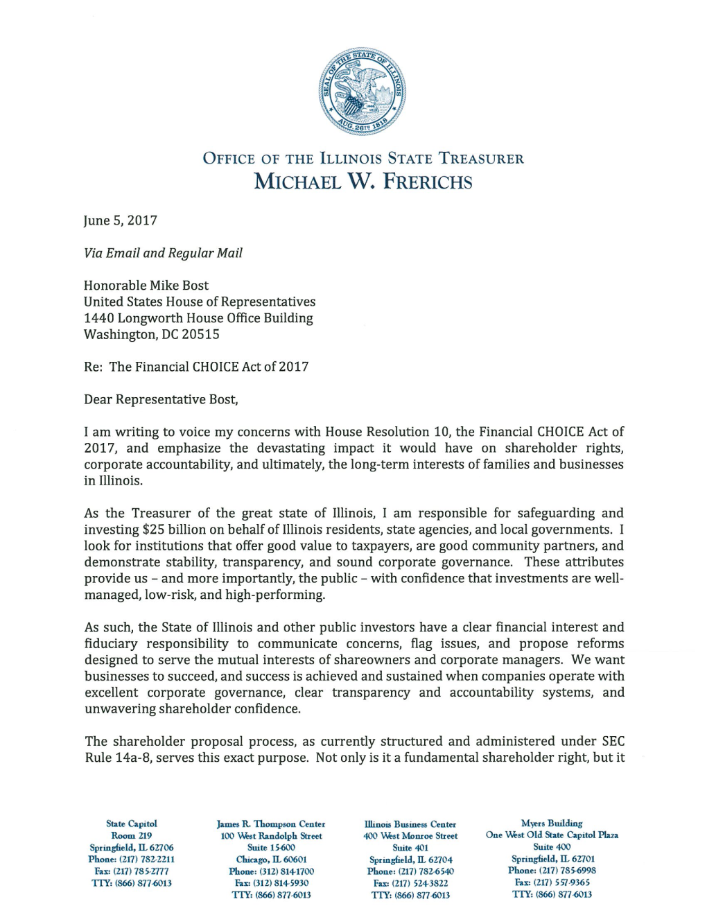Letter to Illinois Congressional Delegation
