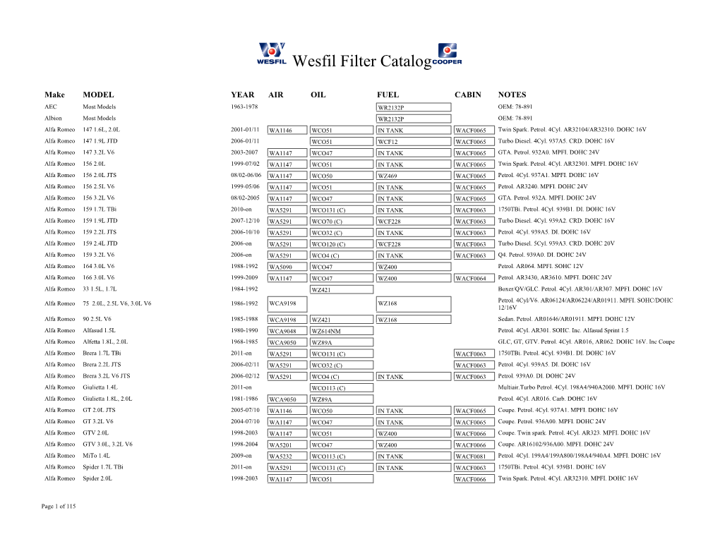 Wesfil Filter Catalog