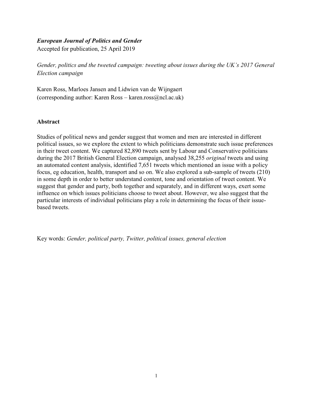 European Journal of Politics and Gender Accepted for Publication, 25 April 2019