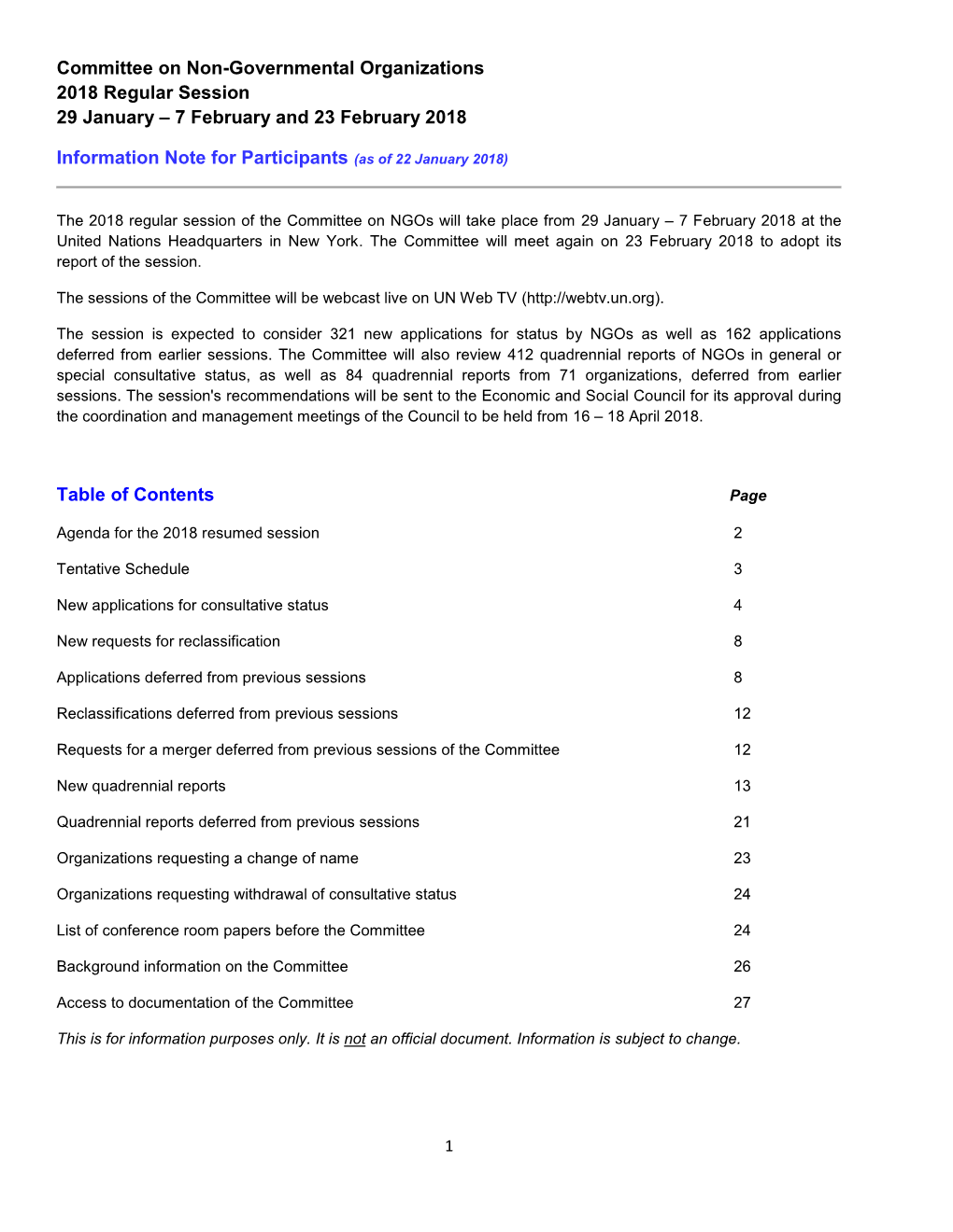 Committee on Non-Governmental Organizations 2018 Regular Session 29 January – 7 February and 23 February 2018