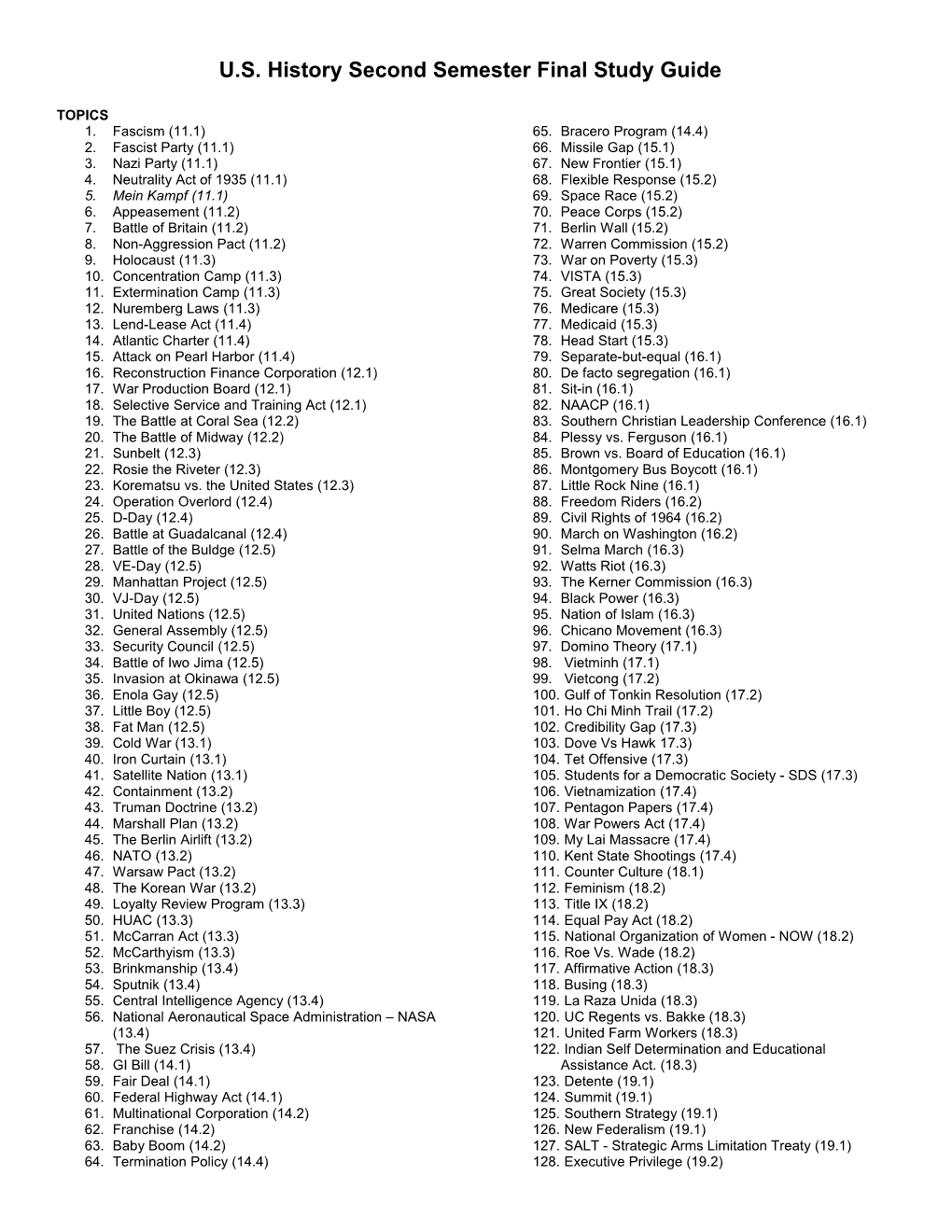 U.S. History Second Semester Final Study Guide