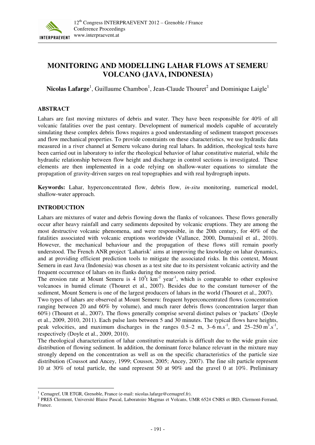 Monitoring and Modelling Lahar Flows at Semeru Volcano (Java, Indonesia)