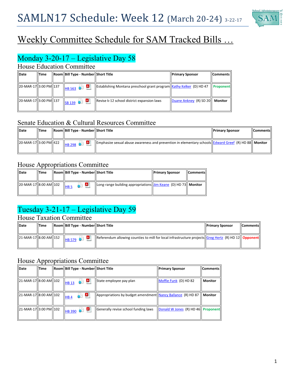 SAMLN17 Schedule: Week 12 (March 20-24) 3-22-17