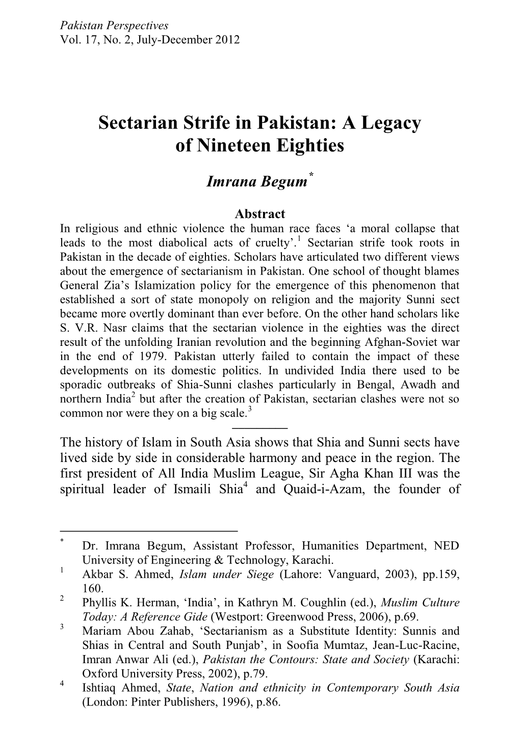 Sectarian Strife in Pakistan: a Legacy of Nineteen Eighties