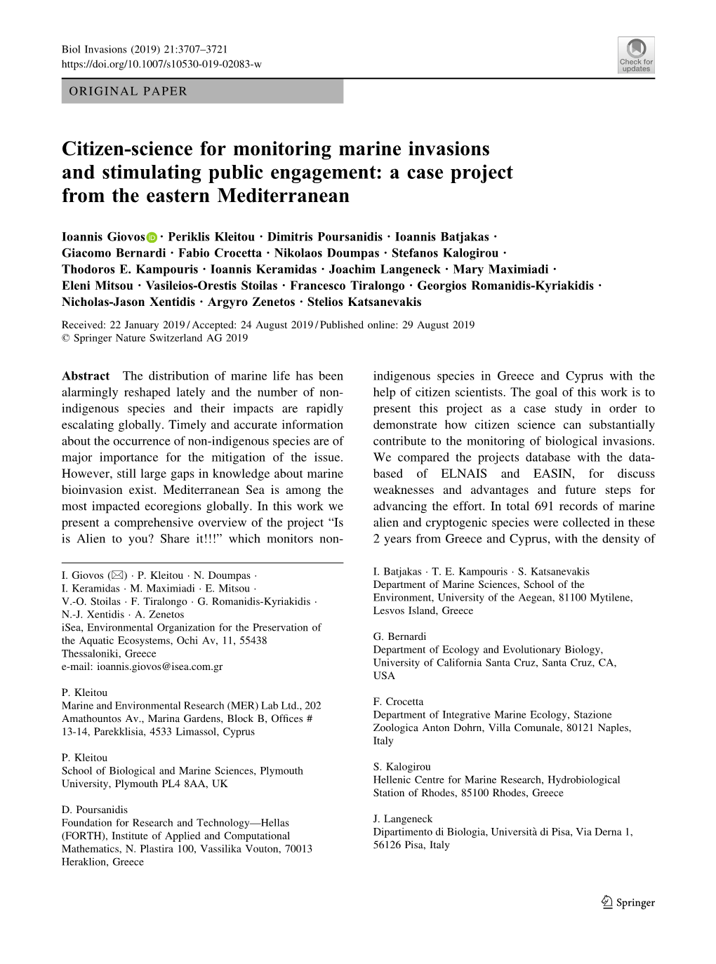 Citizen-Science for Monitoring Marine Invasions and Stimulating Public Engagement: a Case Project from the Eastern Mediterranean