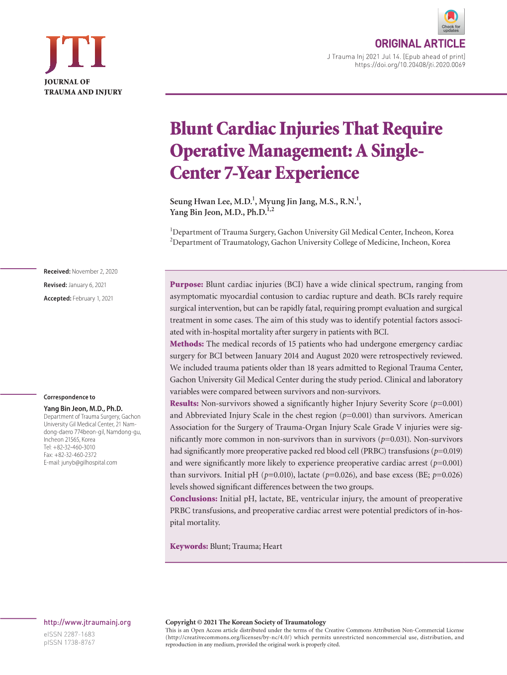 Blunt Cardiac Injuries That Require Operative Management: a Single- Center 7-Year Experience