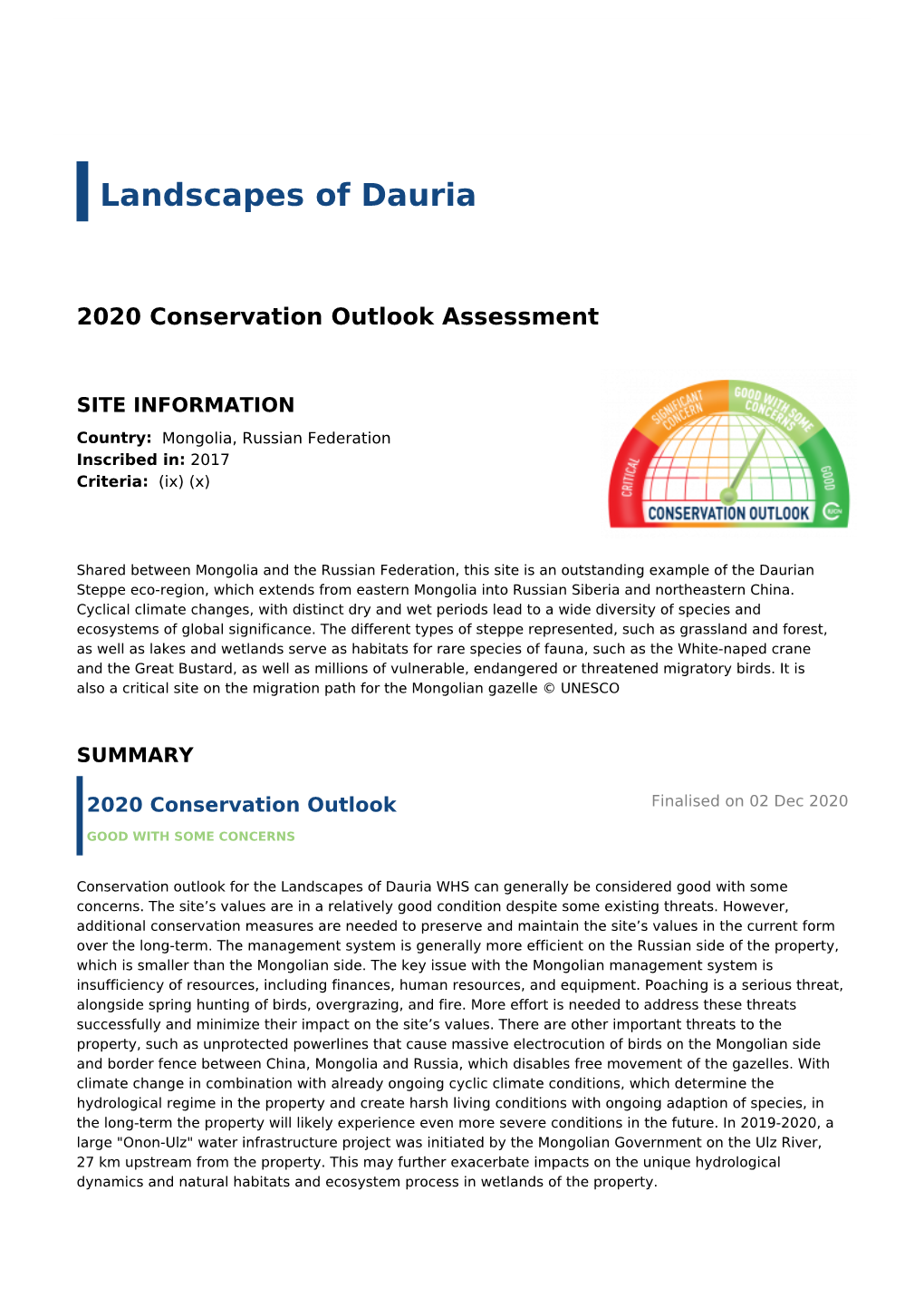 2020 Conservation Outlook Assessment