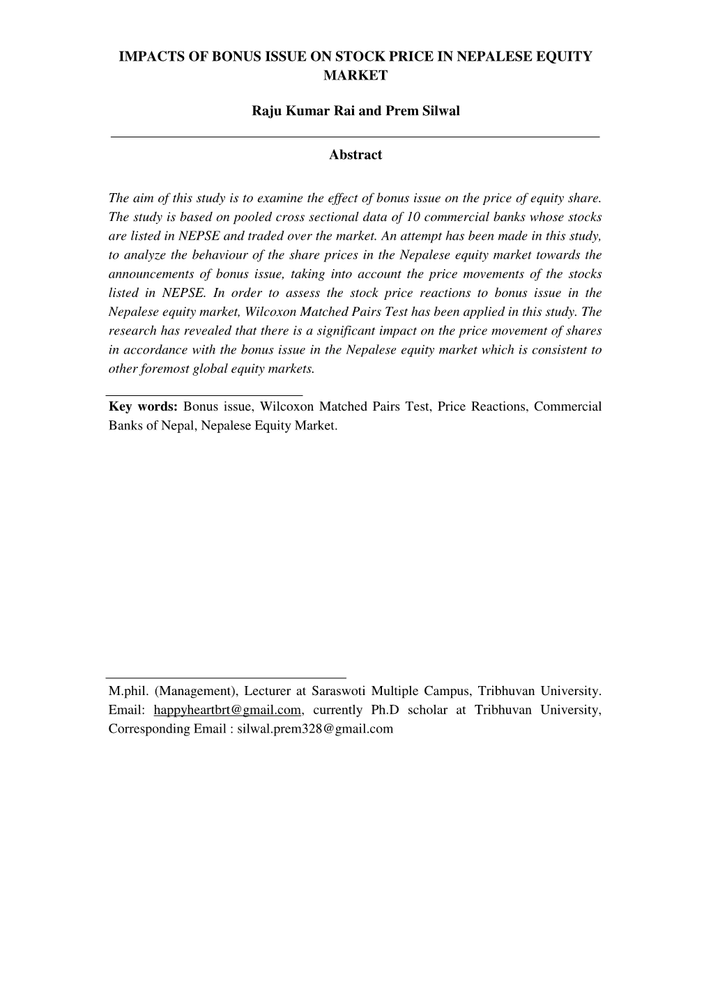 Impacts of Bonus Issue on Stock Price in Nepalese Equity Market