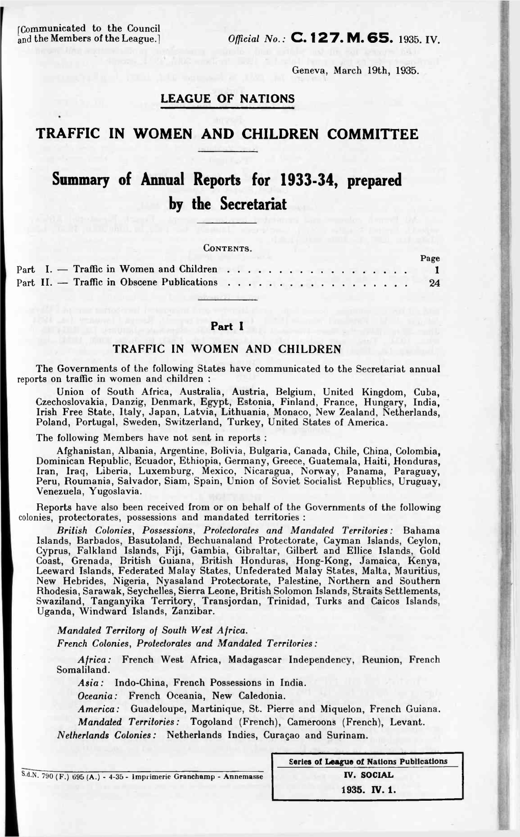C. 127. M. 65. 1935. Iv. Traffic in Women and Children