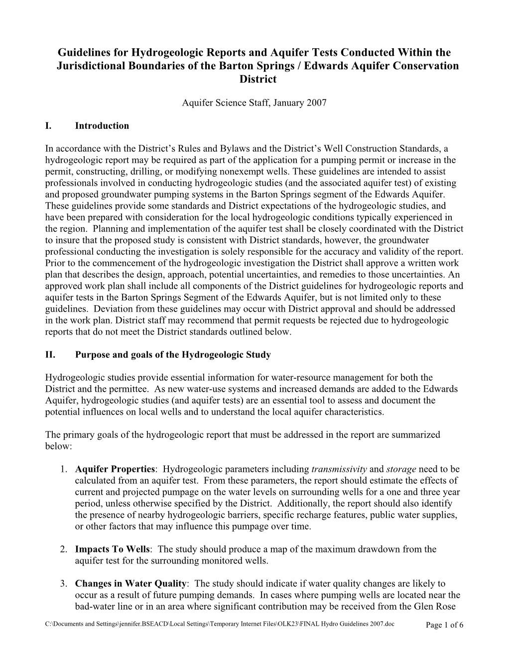 Guidelines for Hydrogeologic Reports and Aquifer Tests Conducted Within the Jurisdictional Boundaries of the Barton Springs / Edwards Aquifer Conservation District