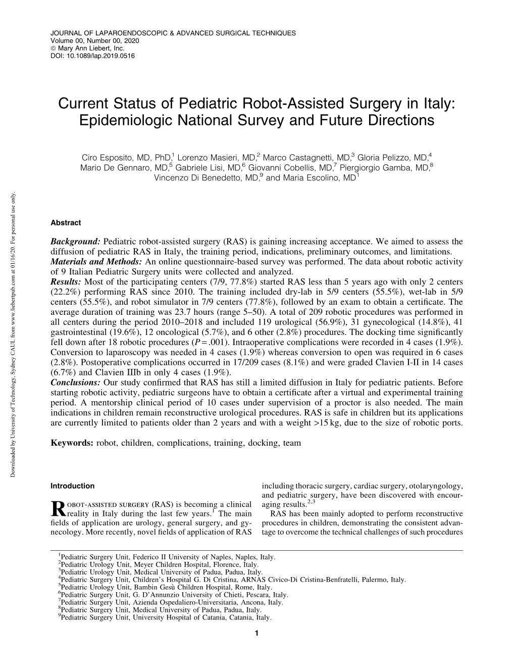 Current Status of Pediatric Robot-Assisted Surgery in Italy: Epidemiologic National Survey and Future Directions