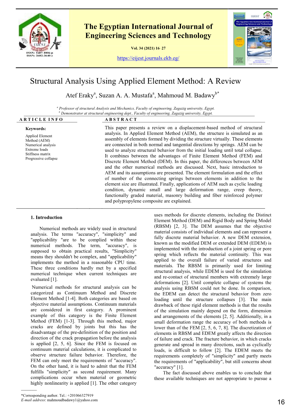 Structural Analysis Using Applied Element Method: a Review