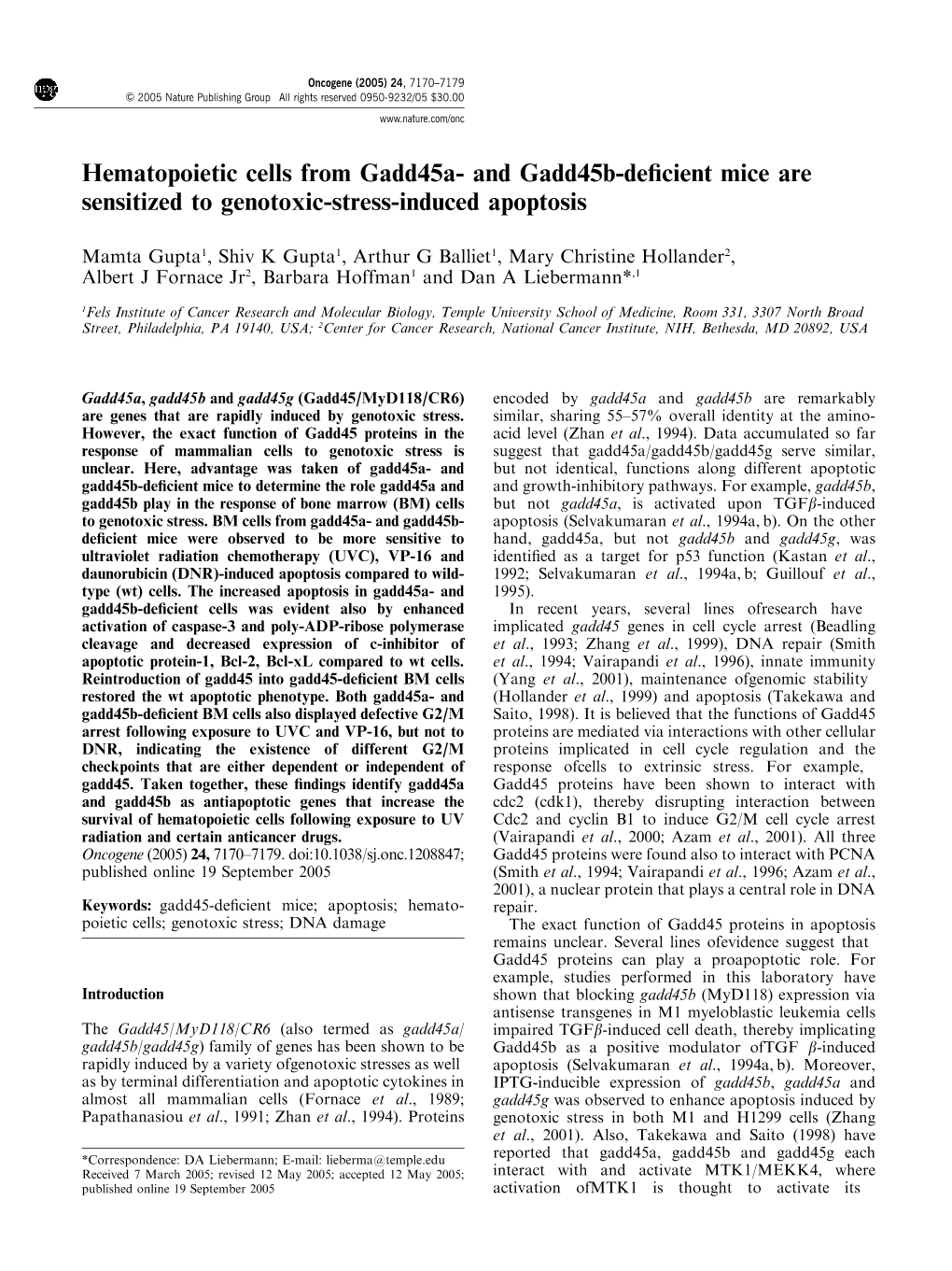 Hematopoietic Cells from Gadd45a- and Gadd45b-Deficient Mice Are