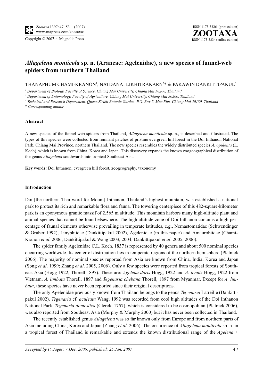 Zootaxa 1397: 47–53 (2007) ISSN 1175-5326 (Print Edition) ZOOTAXA Copyright © 2007 · Magnolia Press ISSN 1175-5334 (Online Edition)