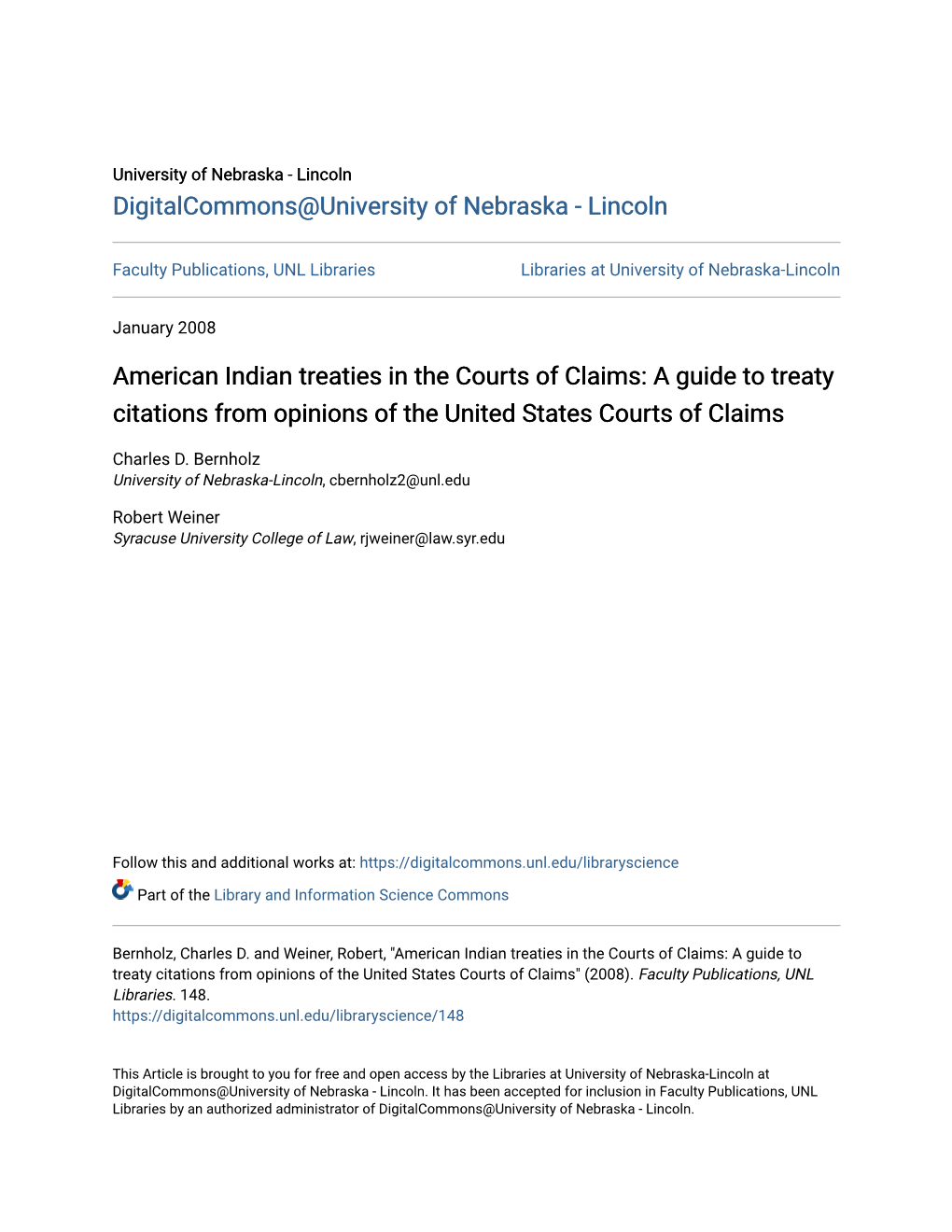 American Indian Treaties in the Courts of Claims: a Guide to Treaty Citations from Opinions of the United States Courts of Claims