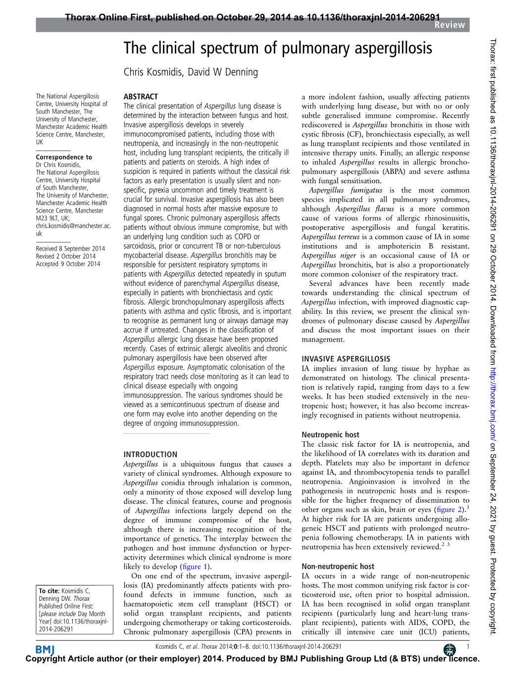 The Clinical Spectrum of Pulmonary Aspergillosis Chris Kosmidis, David W Denning