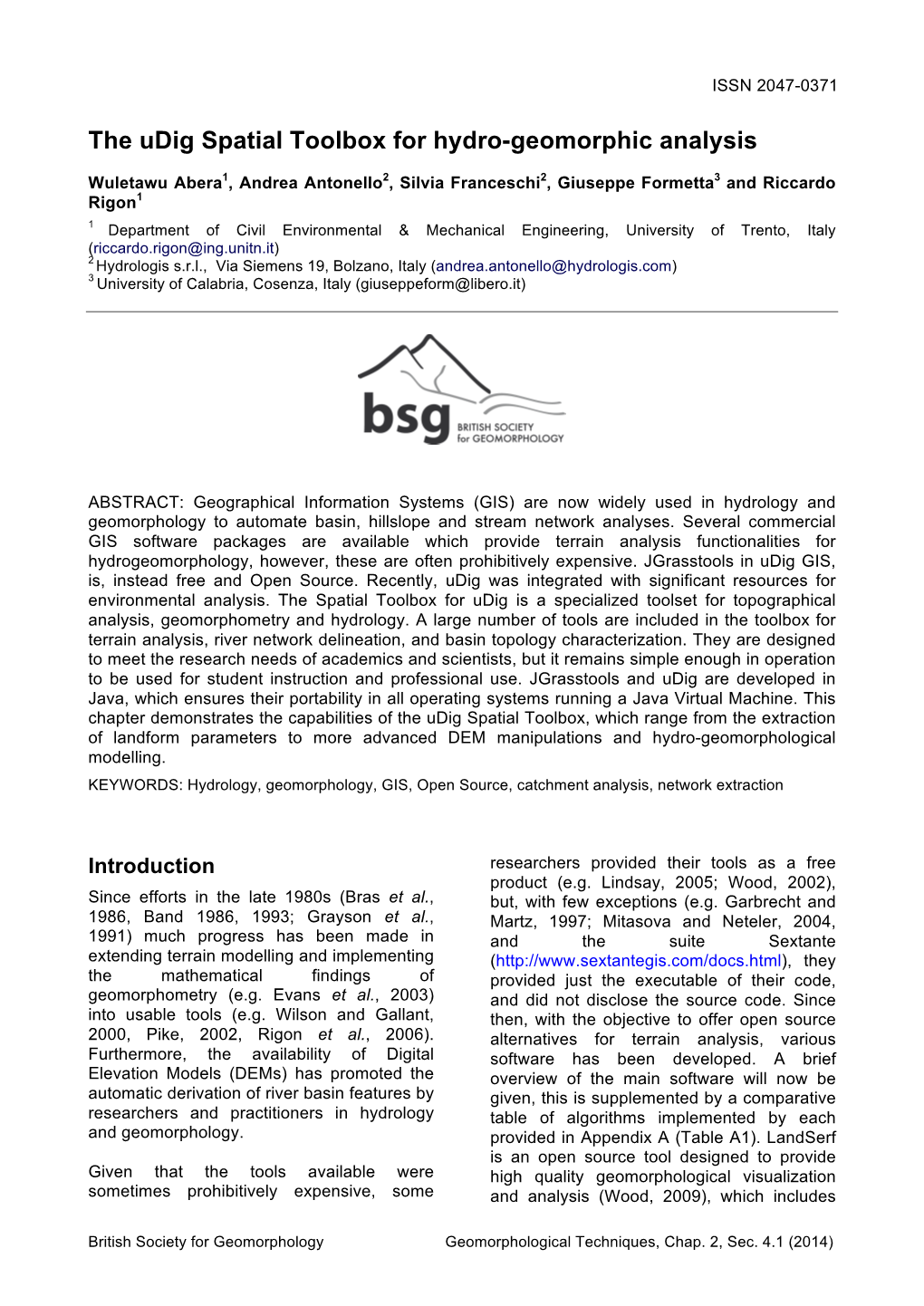 The Udig Spatial Toolbox for Hydro-Geomorphic Analysis