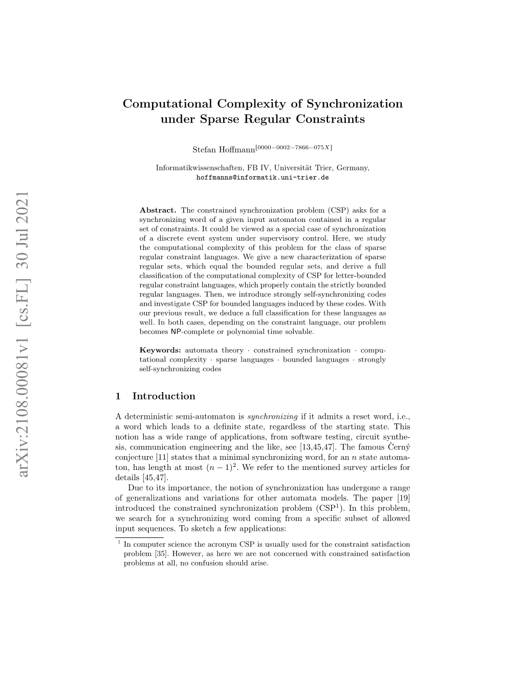 Computational Complexity of Synchronization Under Sparse Regular Constraints
