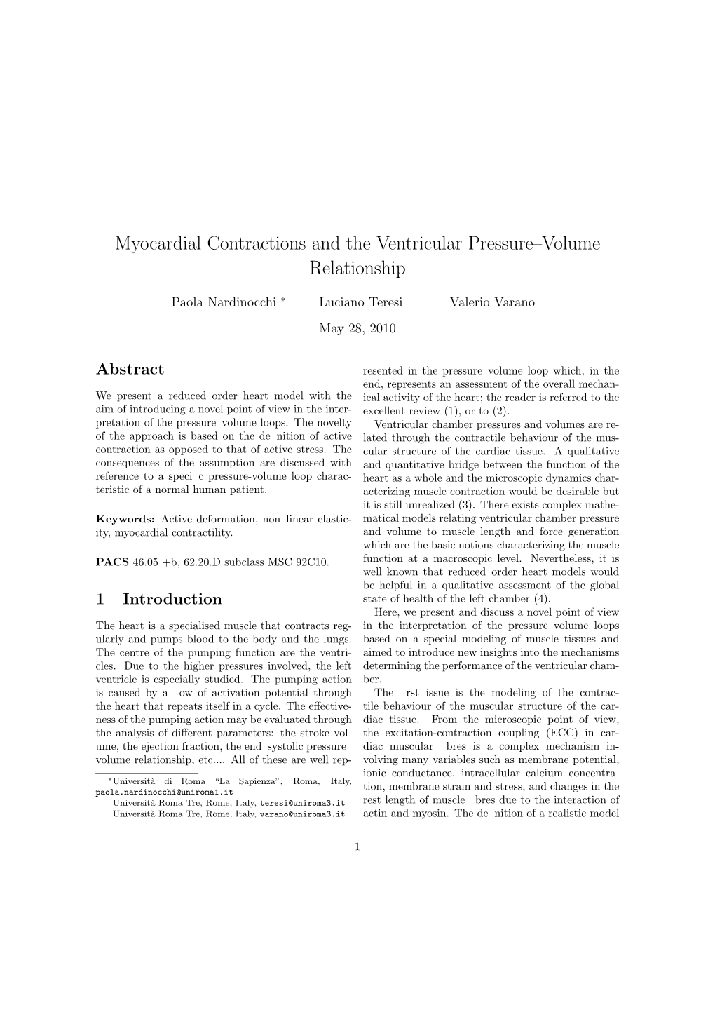 Myocardial Contractions and the Ventricular Pressure–Volume Relationship