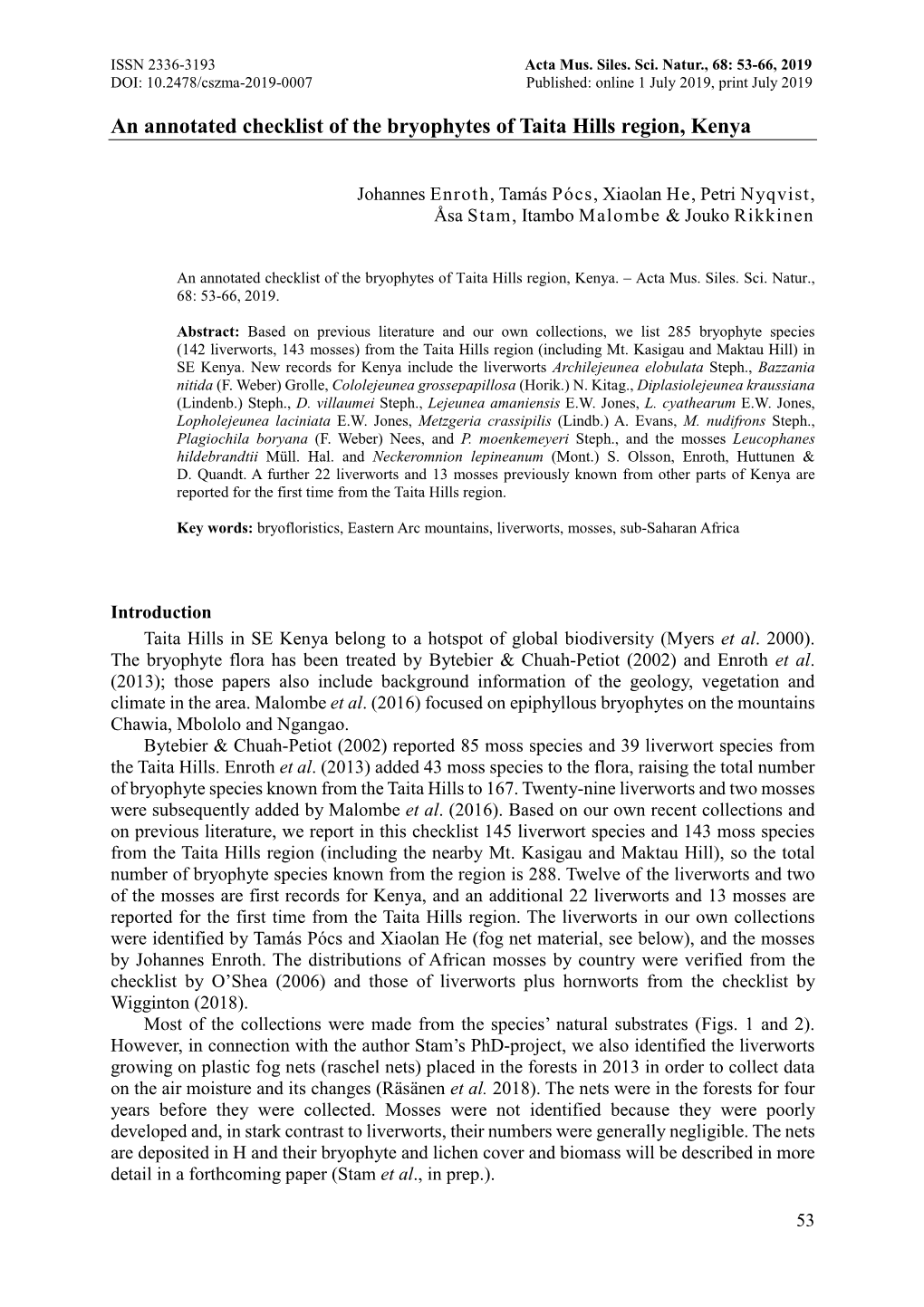 An Annotated Checklist of the Bryophytes of Taita Hills Region, Kenya