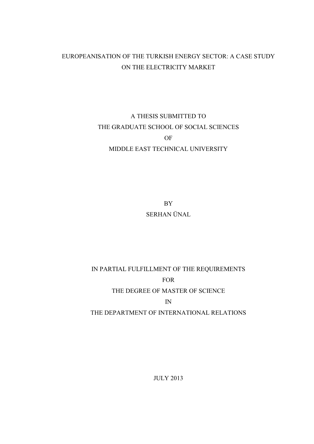 Europeanisation of the Turkish Energy Sector: a Case Study on the Electricity Market