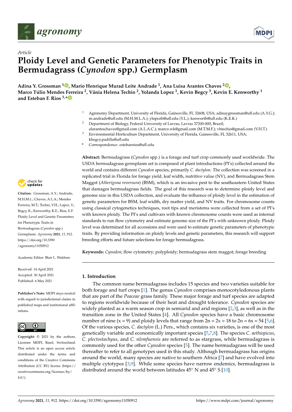 Ploidy Level and Genetic Parameters for Phenotypic Traits in Bermudagrass (Cynodon Spp.) Germplasm