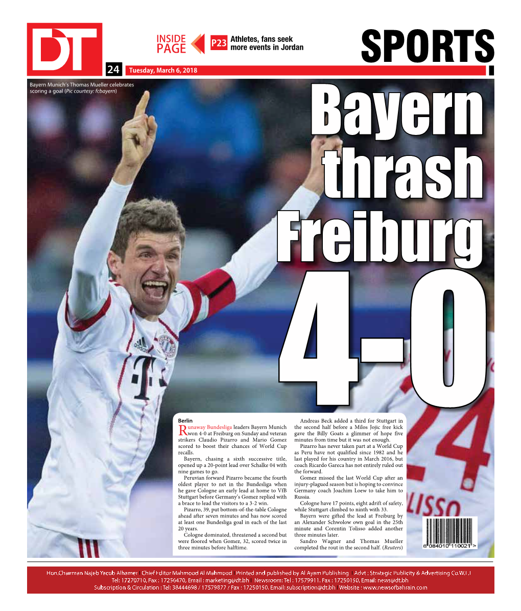 SPORTS 2424 Tuesday, March 6, 2018 Bayern Munich’S Thomas Mueller Celebrates Scoring a Goal (Pic Courtesy: Fcbayern) Bayern Thrash Freiburg