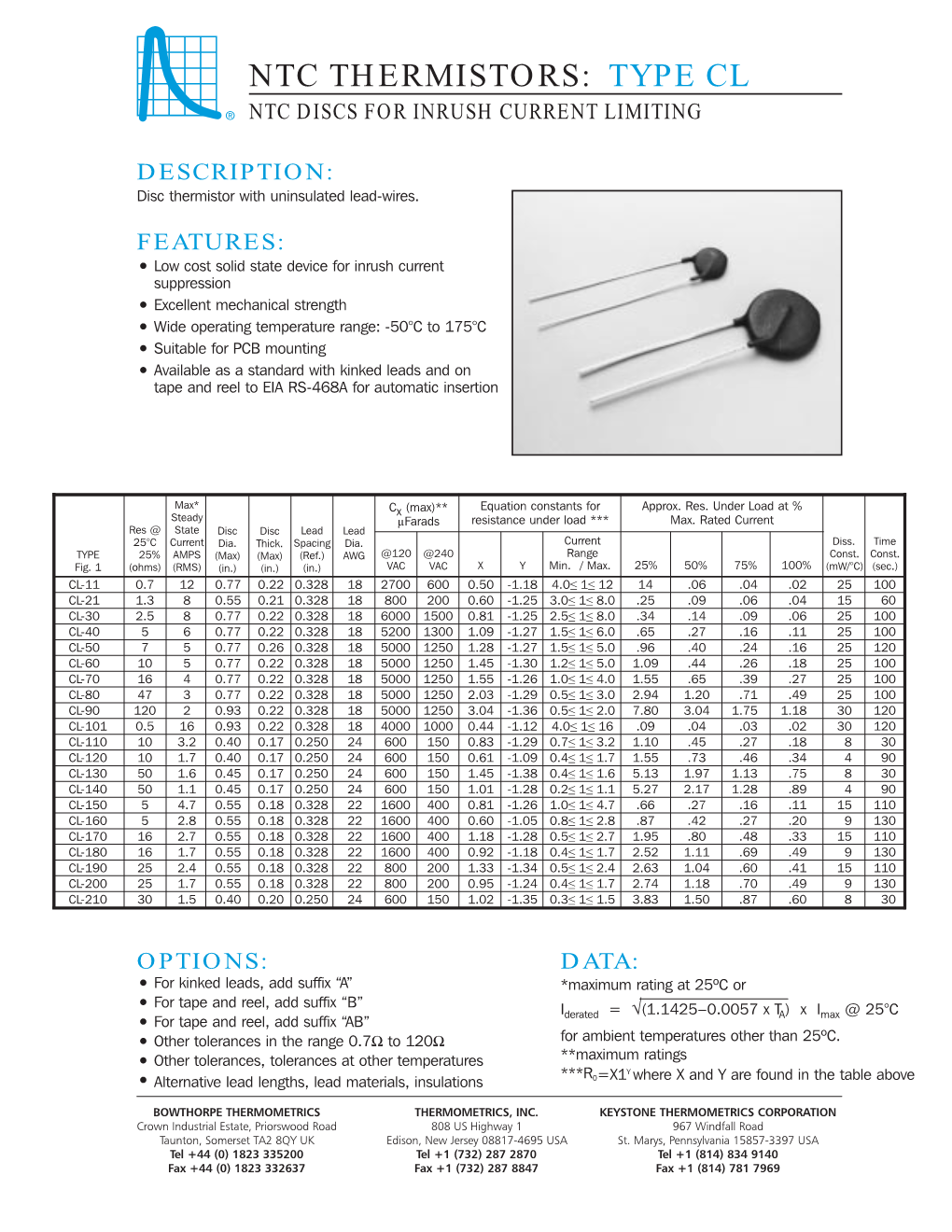 Ntc Thermistors: Type Cl Ntc Discs for Inrush Current Limiting