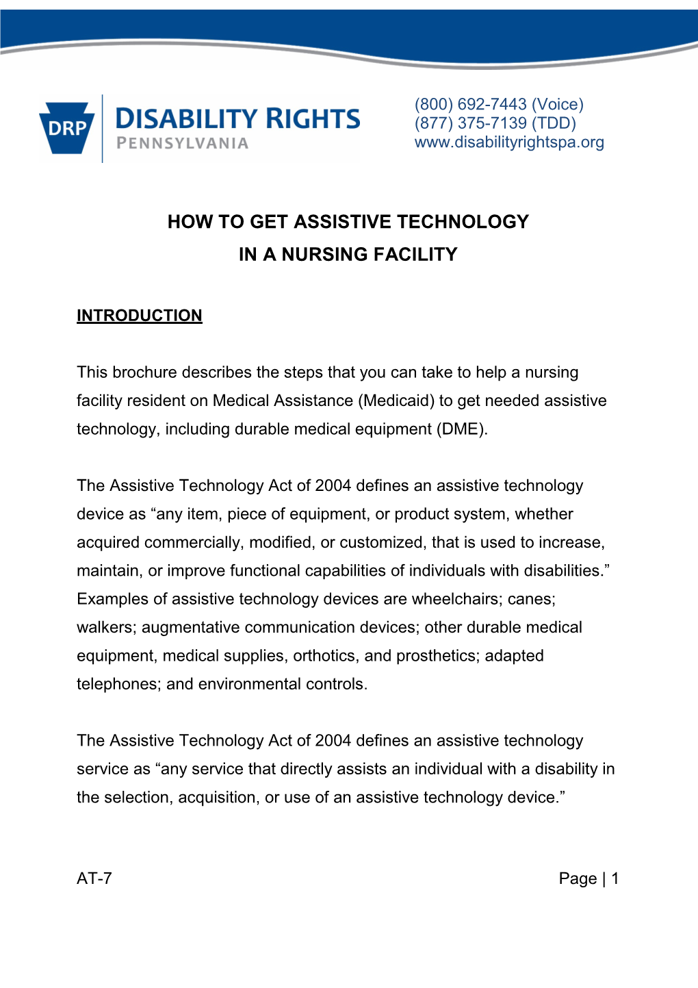 How to Get Assistive Technology in Nursing Facilities AT-7