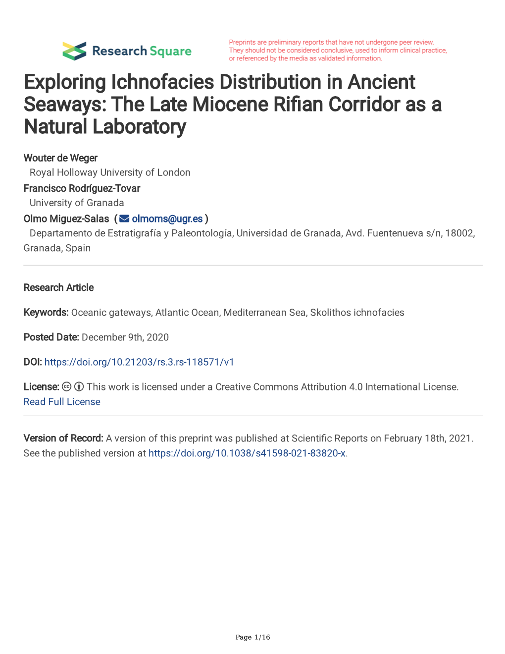 Exploring Ichnofacies Distribution in Ancient Seaways: the Late Miocene Ri an Corridor As a Natural Laboratory