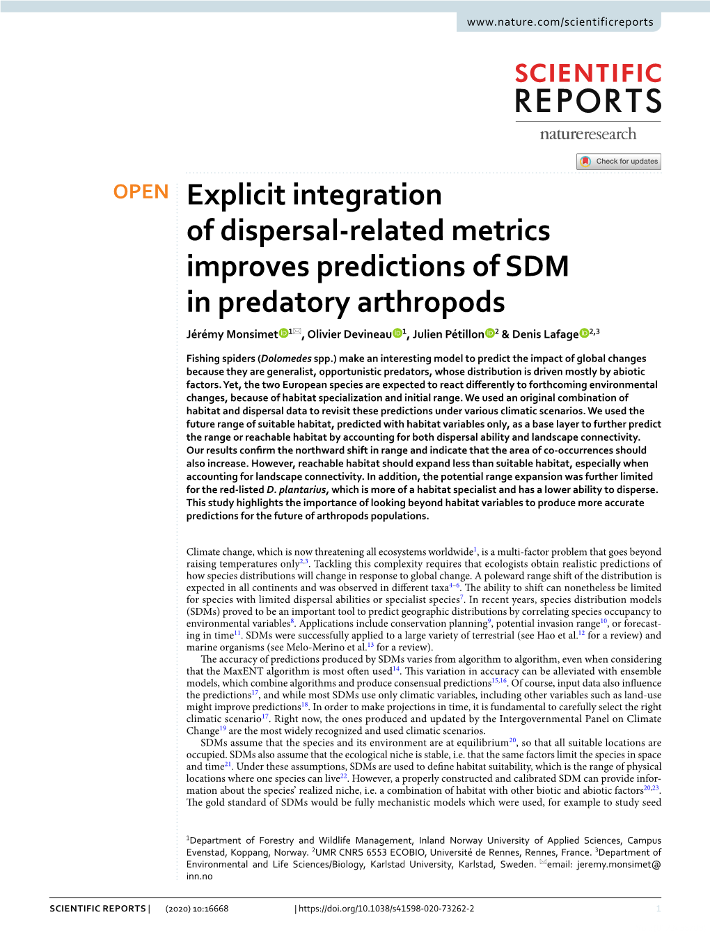 Explicit Integration of Dispersal-Related Metrics Improves Predictions of SDM in Predatory Arthropods
