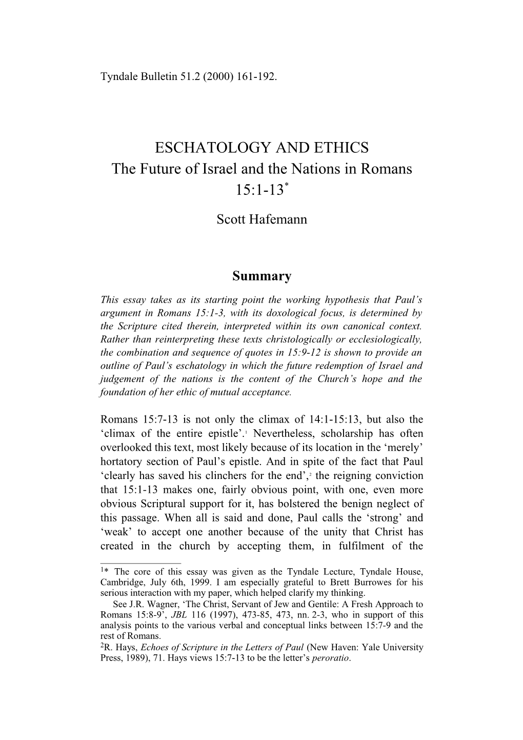 HAFEMANN: Eschatology and Ethics