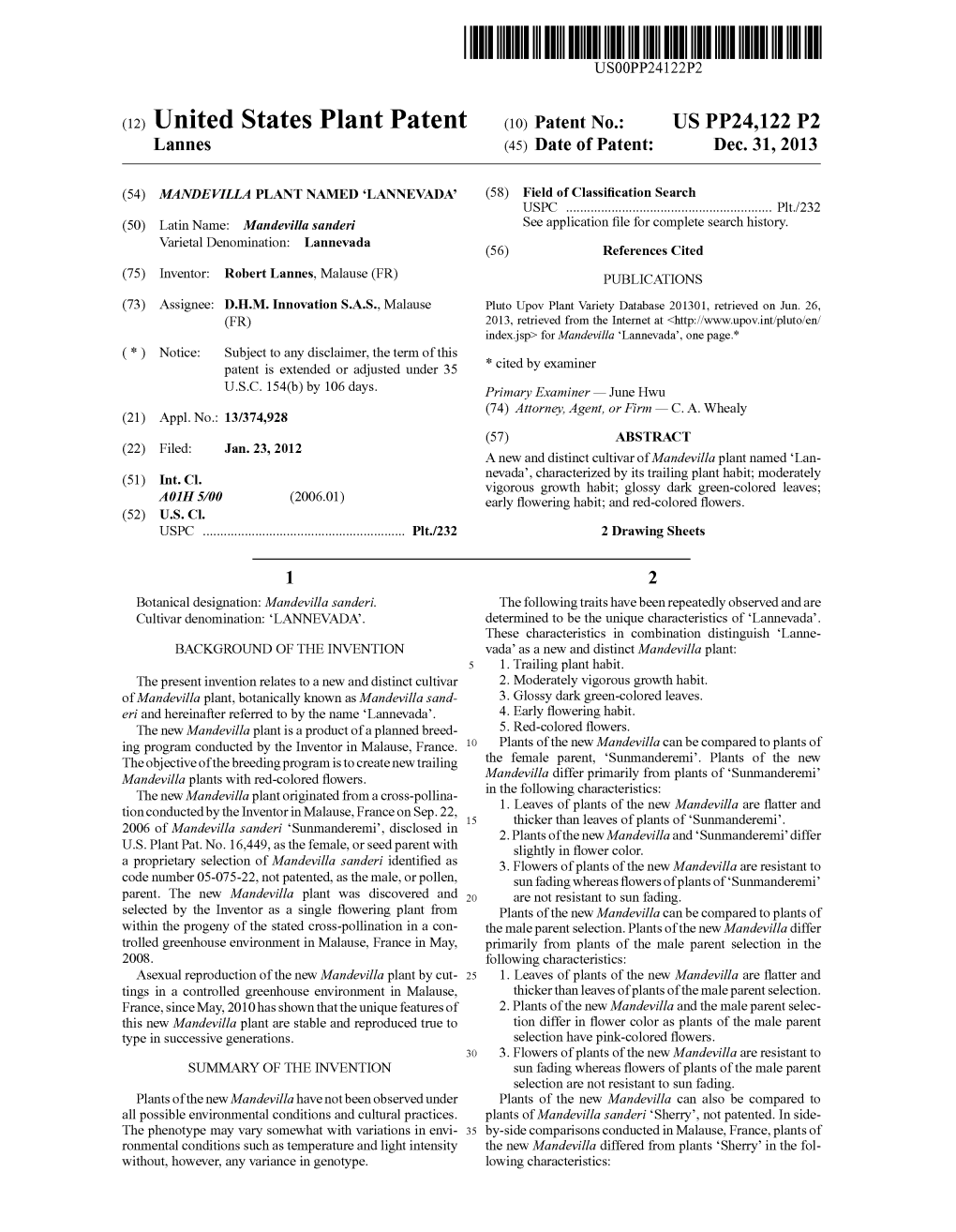 (12) United States Plant Patent (10) Patent No.: US PP24,122 P2 Lannes (45) Date of Patent: Dec