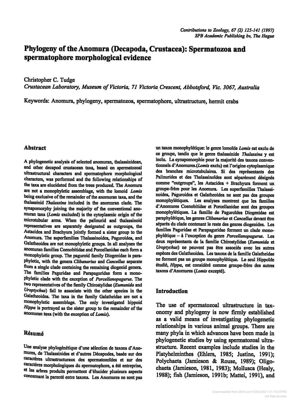 Phylogeny of the Anomura (Decapoda, Crustacea): Spermatozoa And