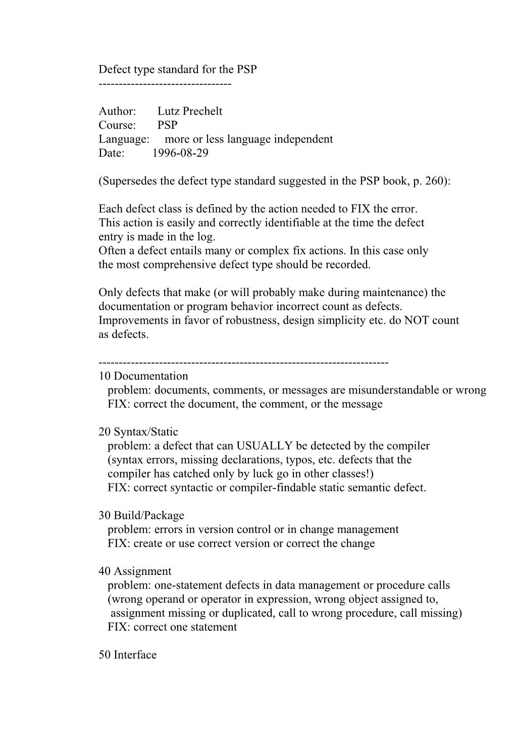 Defect Type Standard for the PSP