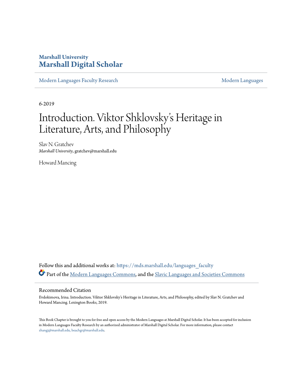 Introduction. Viktor Shklovsky's Heritage in Literature, Arts, and Philosophy