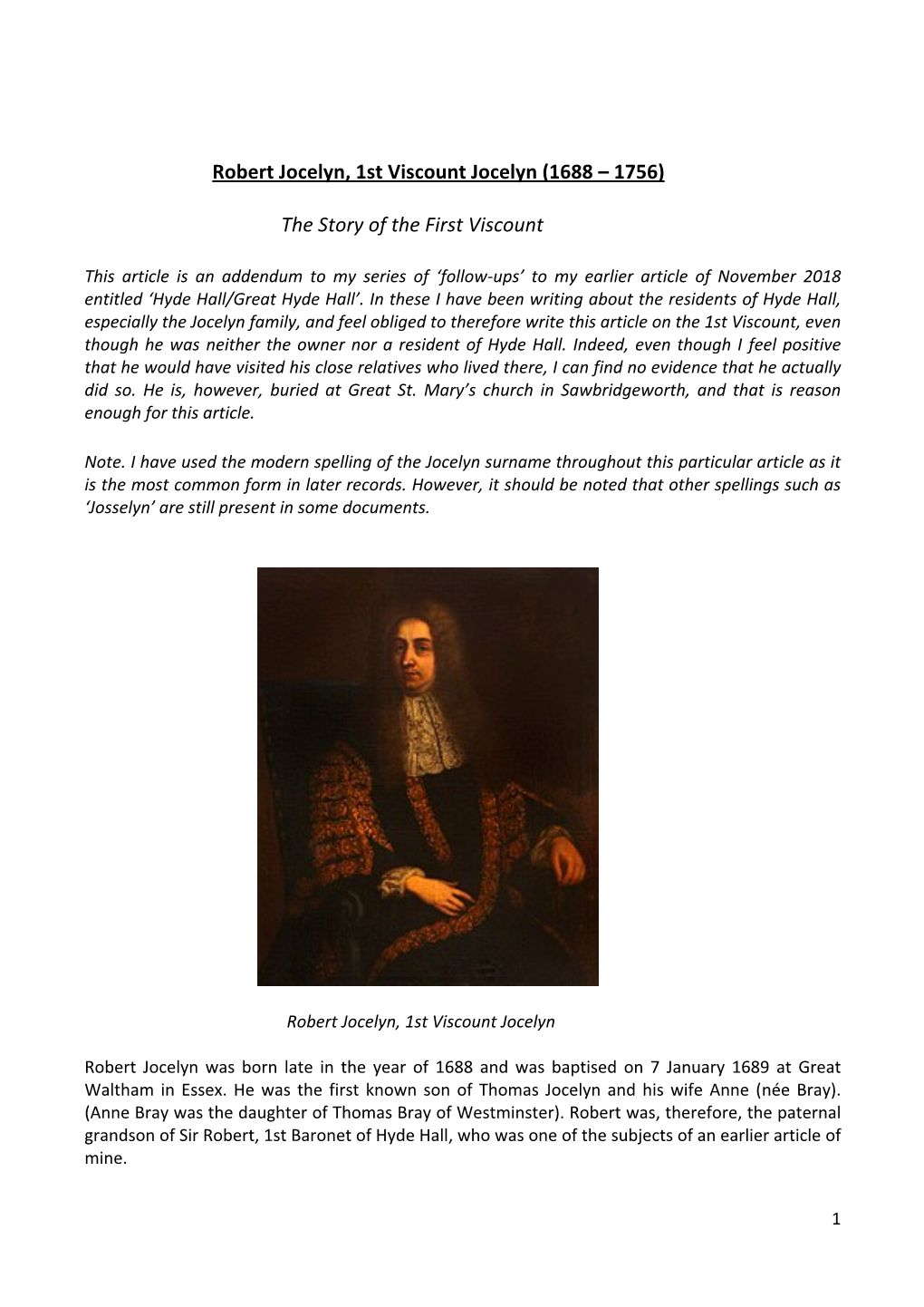 Robert Jocelyn, 1St Viscount Jocelyn (1688 – 1756) the Story of the First