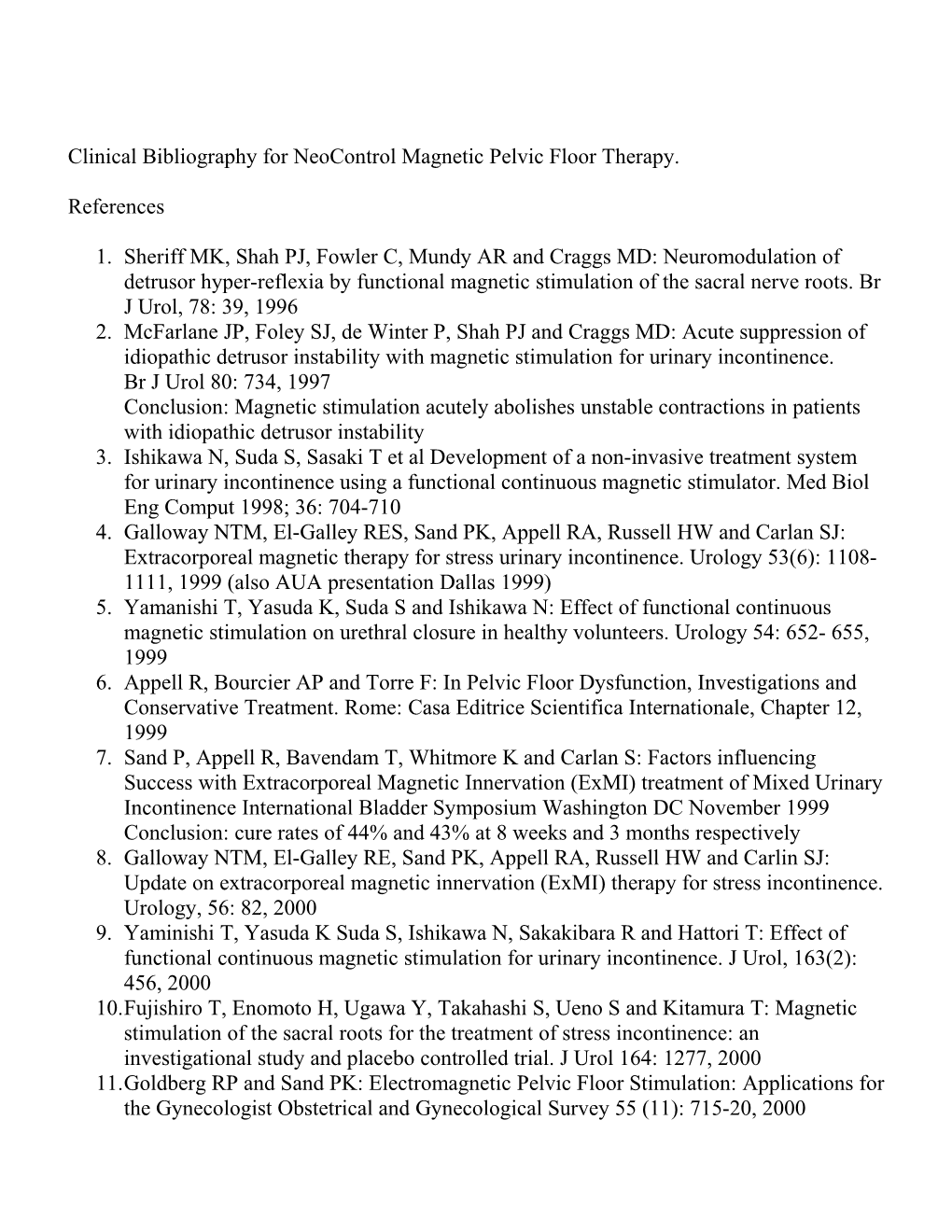 Clinical Bibliography for Neocontrol Magnetic Pelvic Floor Therapy