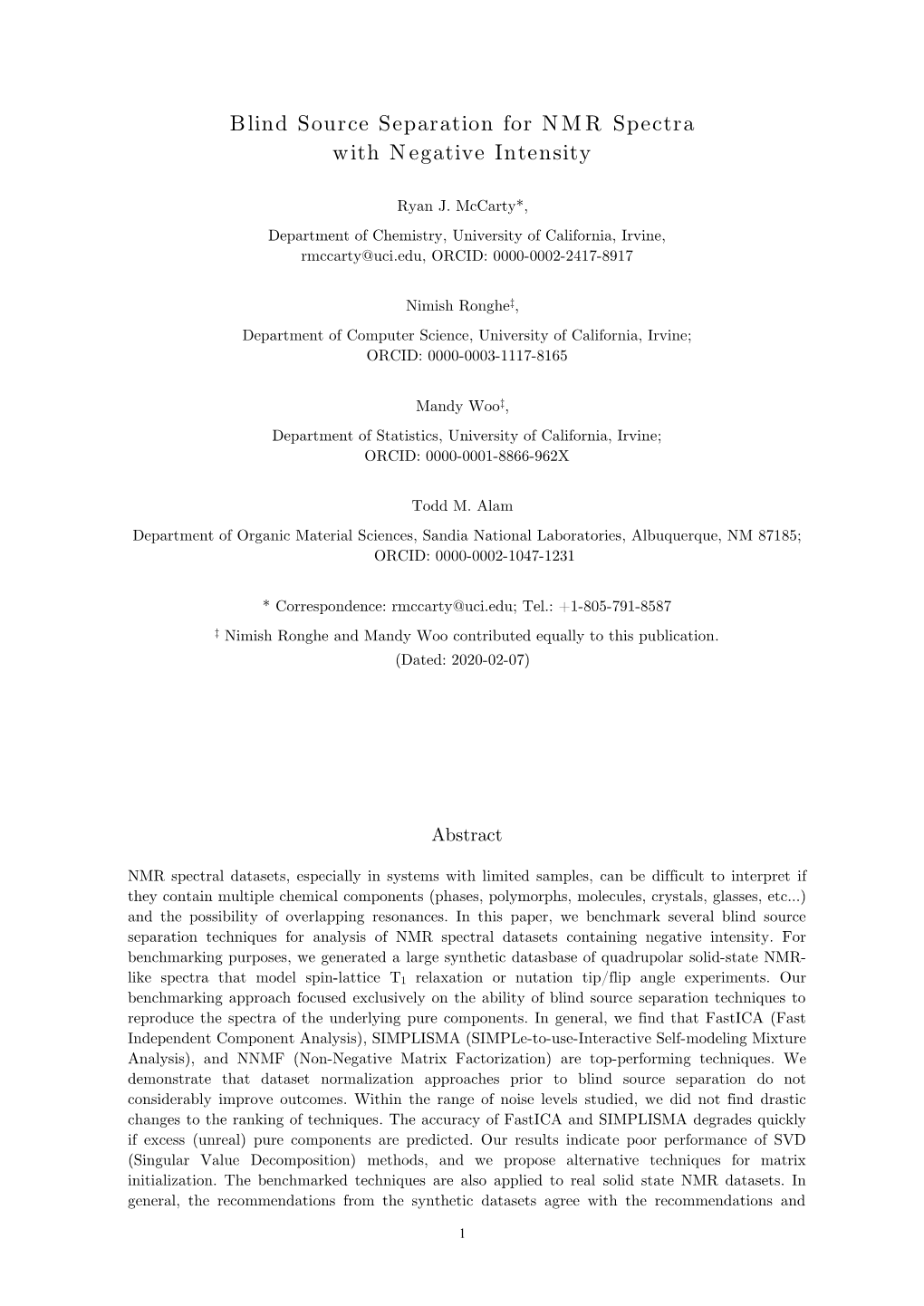 Blind Source Separation for NMR Spectra with Negative Intensity