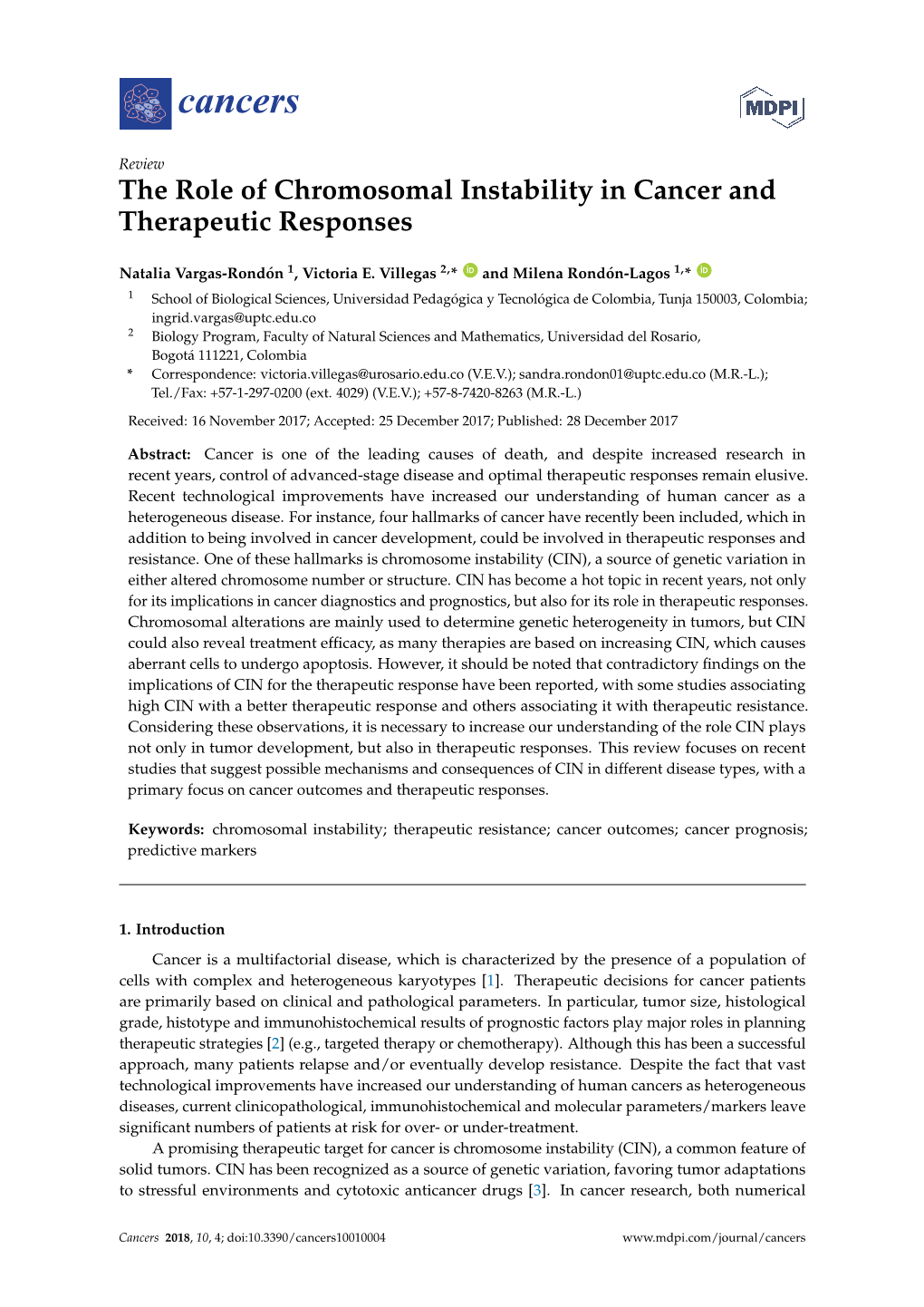 The Role of Chromosomal Instability in Cancer and Therapeutic Responses