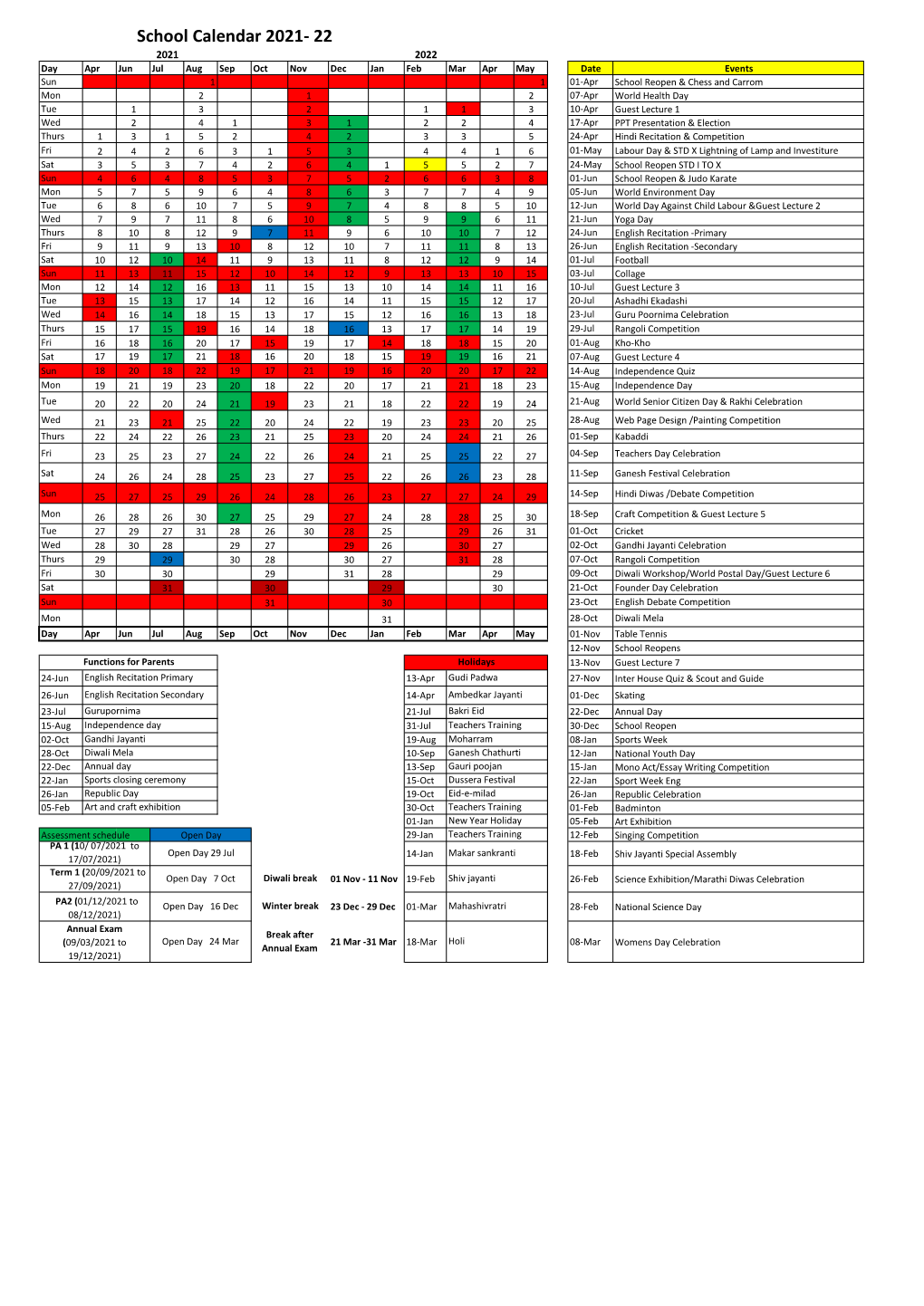 School Calendar 2021